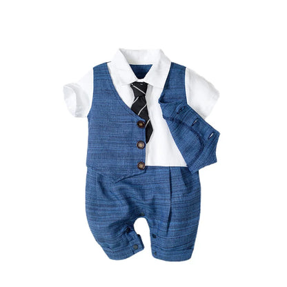 Baby Boy Gentleman Romper Set – Striped Vest Jumpsuit with Matching Tie, Formal Newborn Outfit for 3-24 Months