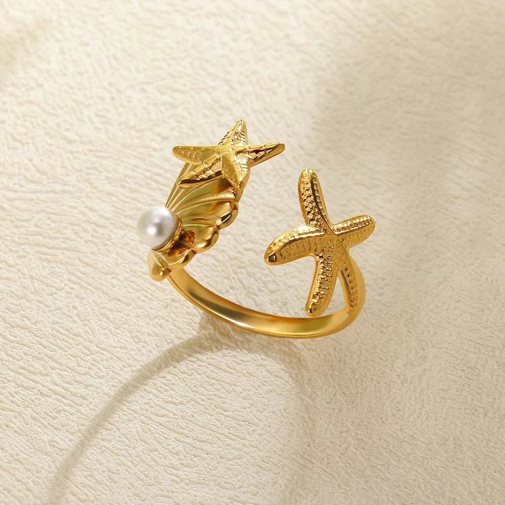 Gold Stainless Steel Starfish & Shell Ring – Adjustable Waterproof Beach-Inspired Ring for Women