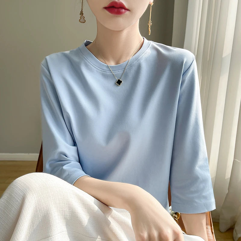 Camiseta de algodón mercerizado para mujer, manga corta, cuello redondo, top básico suave de verano