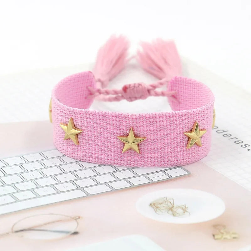 Bohemian Star Tassel Bracelet – Handmade Woven Alloy Gold Rivet Wrist Strap for Women | Ethnic Fashion Jewelry Gift