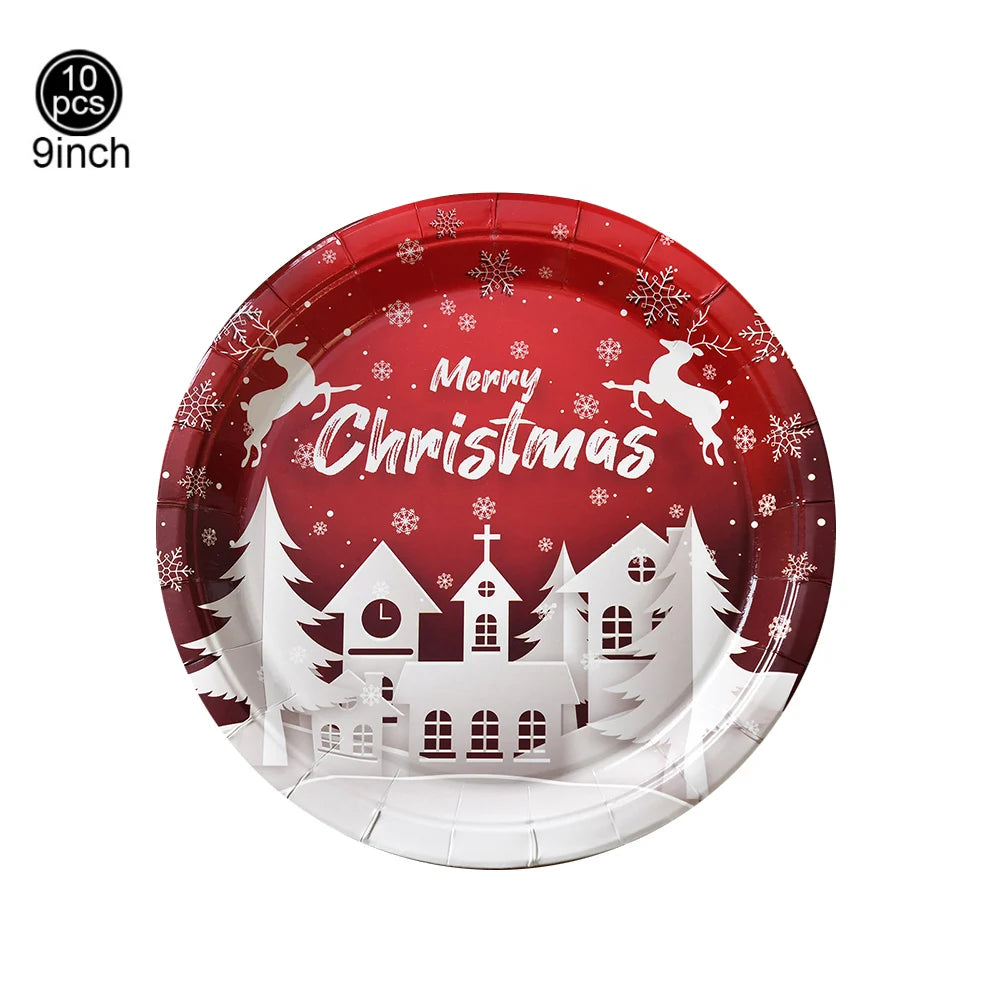 9-Inch Merry Christmas Paper Plates – Santa Claus, Christmas Tree & Elk Round Disposable Plates for Xmas Party & Table Decor