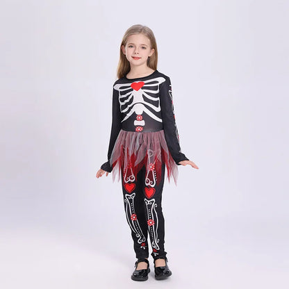 Colorful Skeleton Cosplay Costume for Kids – Girls One-Piece Tight Skirt Dress for Halloween Roleplay & Party Wear