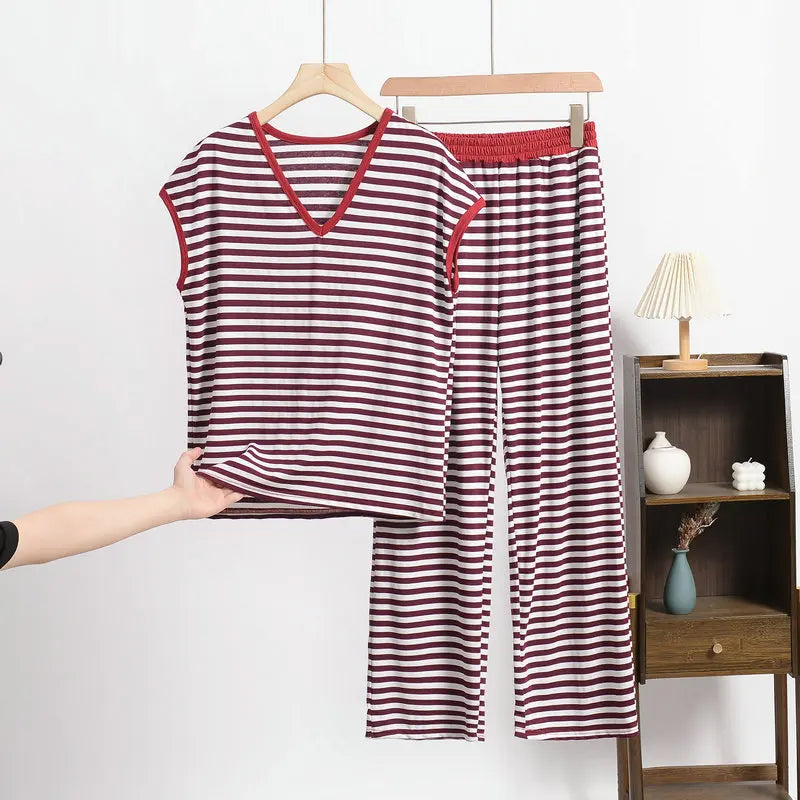 XL-8XL Plus Size Modal Pajama Set – 2PCS Short-Sleeve Striped T-Shirt & Pants, Lightweight Summer Loungewear for Home & Sleep