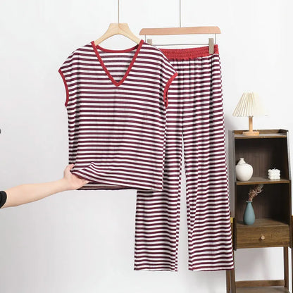 XL-8XL Plus Size Modal Pajama Set – 2PCS Short-Sleeve Striped T-Shirt & Pants, Lightweight Summer Loungewear for Home & Sleep
