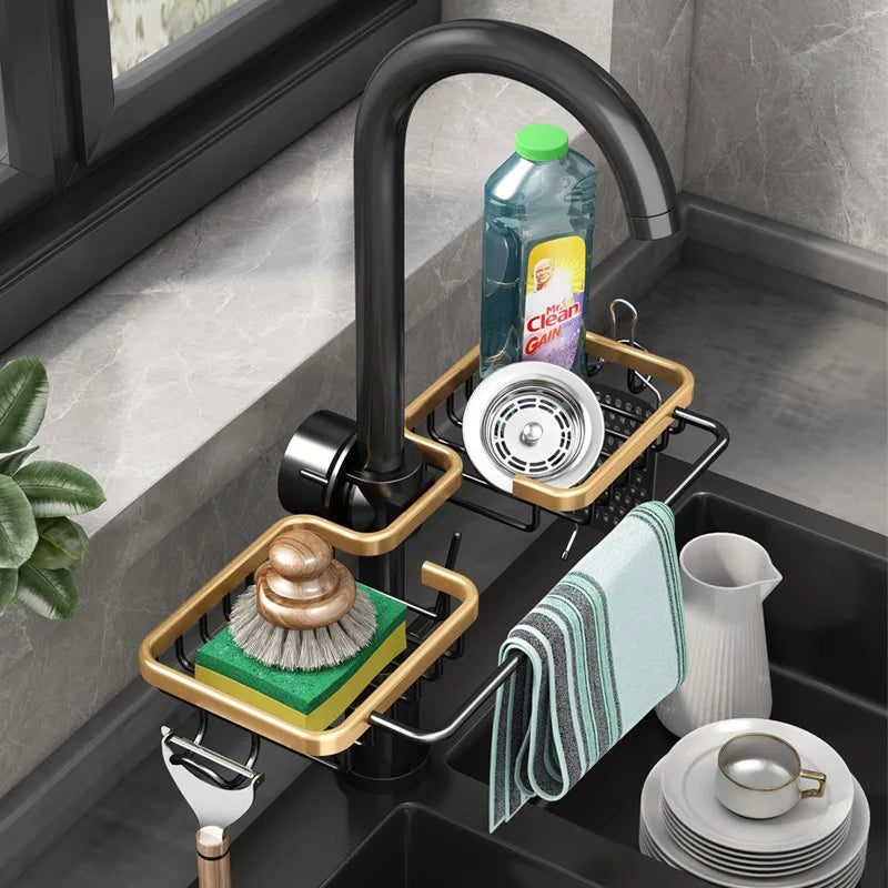 Aluminum Sink Caddy Sponge Holder Faucet Storage Rack Soap Drain Organizer for Kitchen & Bathroom