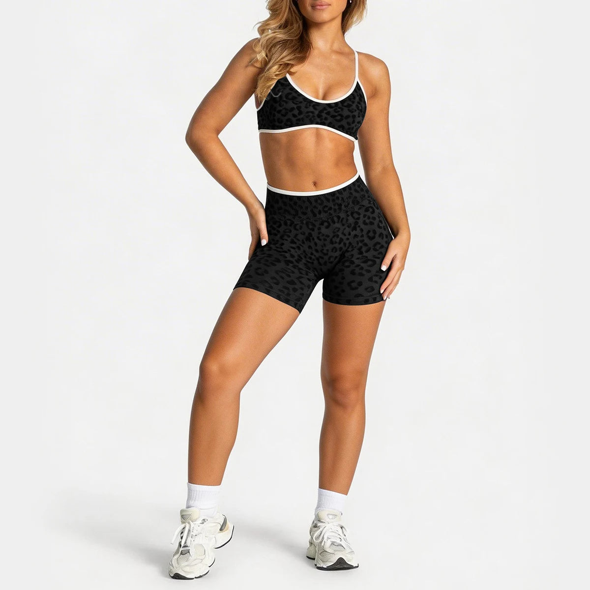 Women's Leopard Print 2-Piece Yoga Set – High-Waist Biker Shorts & Adjustable-Strap Sports Bra for Gym, Workout, Yoga & Activewear