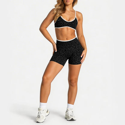 Women's Leopard Print 2-Piece Yoga Set – High-Waist Biker Shorts & Adjustable-Strap Sports Bra for Gym, Workout, Yoga & Activewear