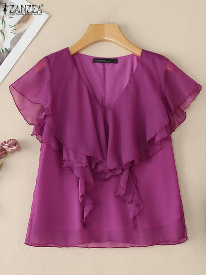 ZANZEA Women's Chiffon Blouse – Elegant Sheer Ruffle V-Neck Short Sleeve Solid Color Top for Summer