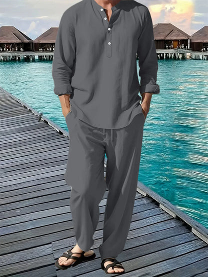 Conjunto de camisa y pantalón de lino de 2 piezas para hombre – Atuendo transpirable de verano para vacaciones en la playa, top informal de manga larga con pantalones sueltos