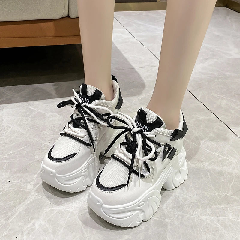 10.5cm Platform Sneakers for Women – Chunky High-Top Lace-Up Dad Shoes with Thick Sole & Mesh Design for Autumn Casual Wear