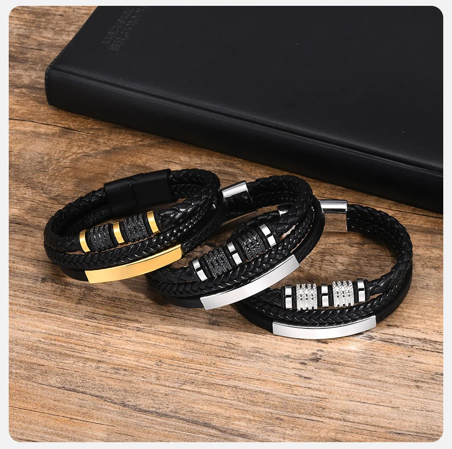 Vnox Personalized Braided Leather Bracelet for Men – Custom Name Engraved Triple Woven PU Leather Wristband | Handmade Gift Jewelry