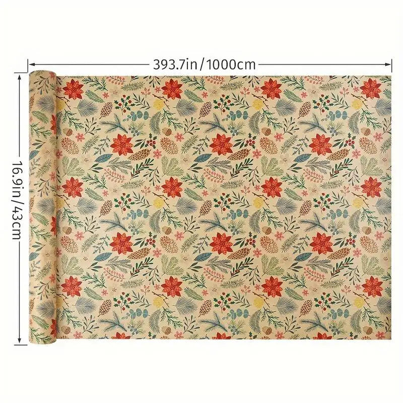 1 Roll 10M Christmas Kraft Gift Wrapping Paper – Large Size Plant Leaf & Flower Design for DIY Gift Packaging, Holiday Decor & Crafts