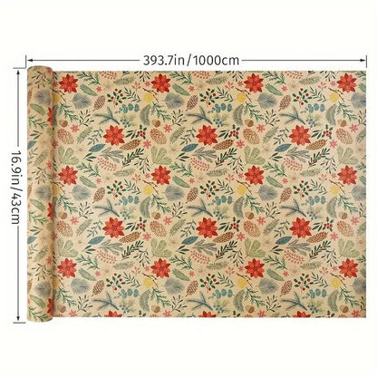 1 Roll 10M Christmas Kraft Gift Wrapping Paper – Large Size Plant Leaf & Flower Design for DIY Gift Packaging, Holiday Decor & Crafts