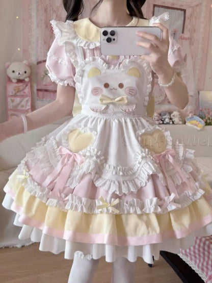 Vestido japonés Sweet Lolita Kawaii para mujer 2025, estampado de primavera, lazo, vestido falso de dos piezas, estilo coreano, ropa de fiesta