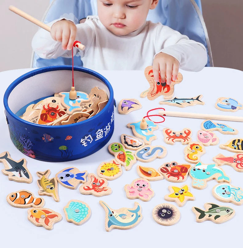 Jouet de Pêche Magnétique en Bois – Jeu d'Apprentissage Montessori sur la Vie Marine, Activité de Pêche Éducative Précoce pour Bébé, Jouet de Développement Cognitif Interactif Parent-Enfant pour Enfants