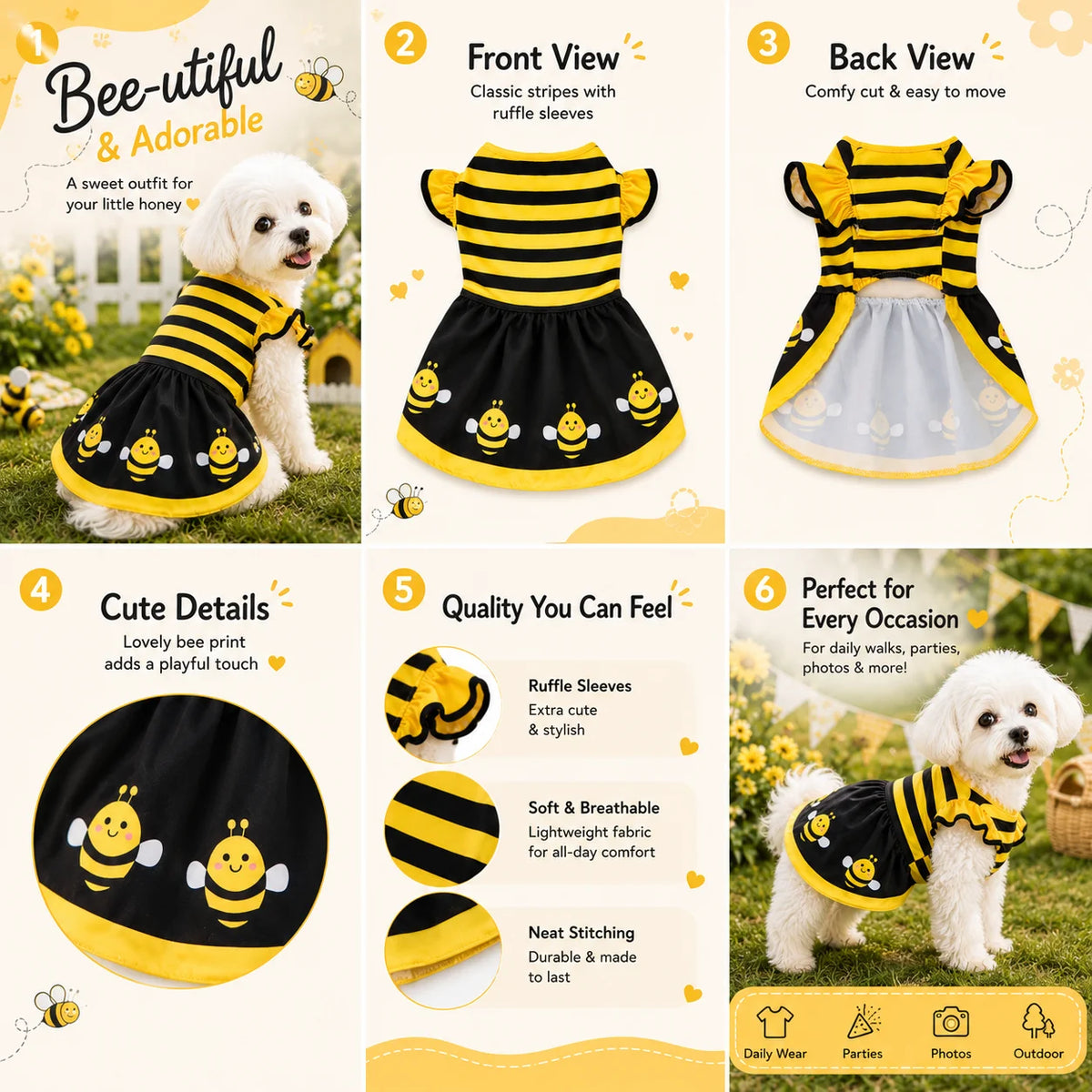 Cute Bee Dog Dress – Yellow Bumble Bee Striped Pet Costume for Dogs, Puppies, Kittens & Cats, Party & Halloween Pet Apparel