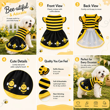 Cute Bee Dog Dress – Yellow Bumble Bee Striped Pet Costume for Dogs, Puppies, Kittens & Cats, Party & Halloween Pet Apparel