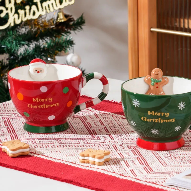 500ML Santa Claus Ceramic Mug – Embossed Cartoon Christmas Coffee & Milk Cup for Breakfast, Home & Office Holiday Gift