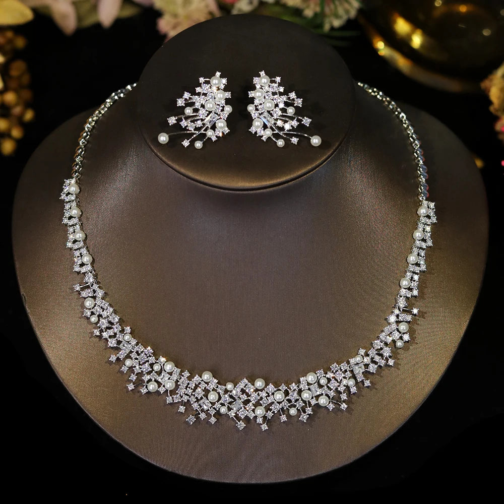 ASNORA Bridal Pearl Choker Necklace Set for Women Cubic Zirconia Stone Wedding Jewelry Costume Fashion X0620