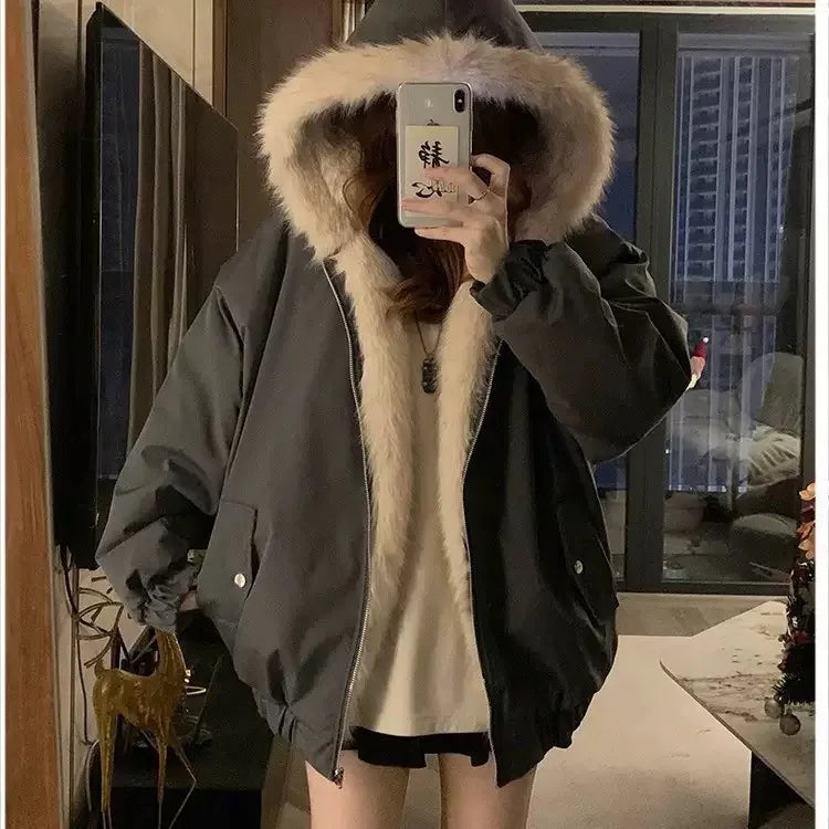 Women’s Double-Sided Faux Mink Fur Coat – Thick Plush Cotton-Padded Hooded Jacket, Loose-Fit Warm Outerwear for Autumn & Winter