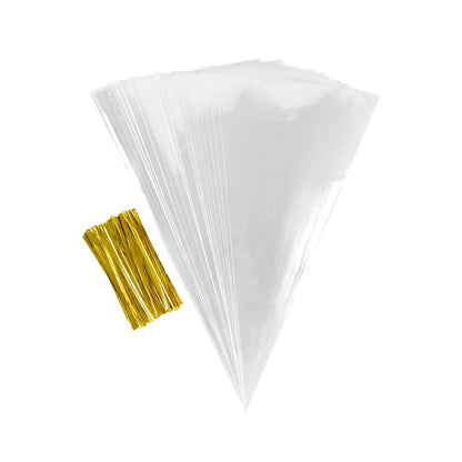 50 bolsas de celofán transparentes con forma de cono – Bolsas de plástico transparentes para palomitas, dulces, baby shower, regalos de boda y empaques de regalo