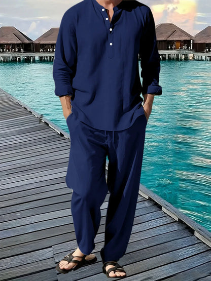 Conjunto de camisa y pantalón de lino de 2 piezas para hombre – Atuendo transpirable de verano para vacaciones en la playa, top informal de manga larga con pantalones sueltos