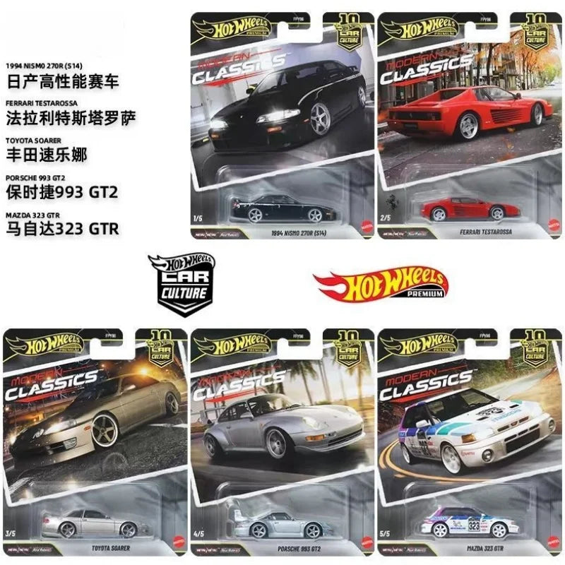 Hot Wheels Premium Modern Classics Voiture miniature moulée sous pression 1:64 – Toyota, Ferrari Testarossa, Porsche 993 GT2 et Mazda Modèle à collectionner