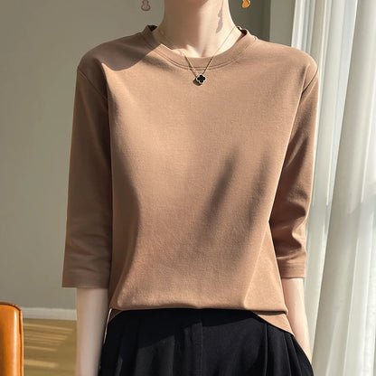 Camiseta de algodón mercerizado para mujer, manga corta, cuello redondo, top básico suave de verano