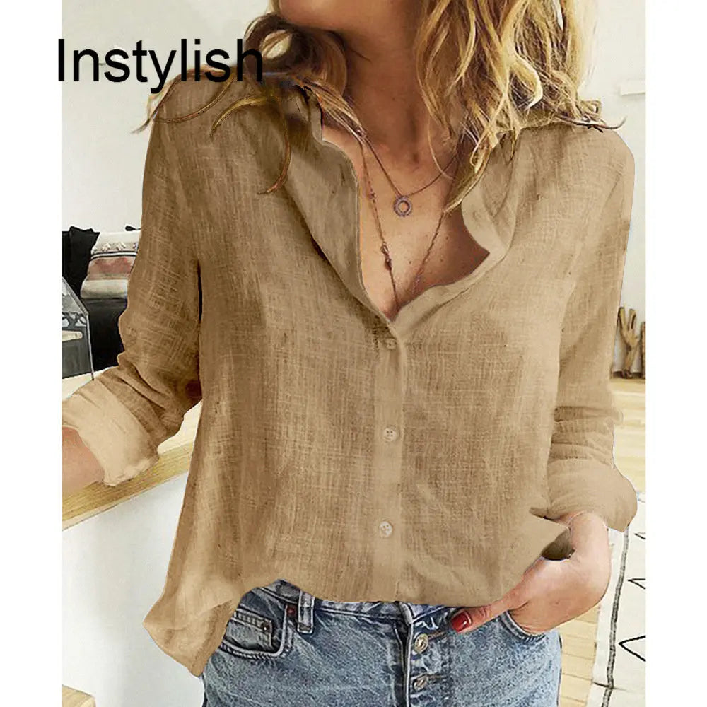 Women's Cotton Linen Oversized Shirt – Long Sleeve Button-Up Blouse, Casual Vintage Lapel Tunic & Y2K Streetwear Top