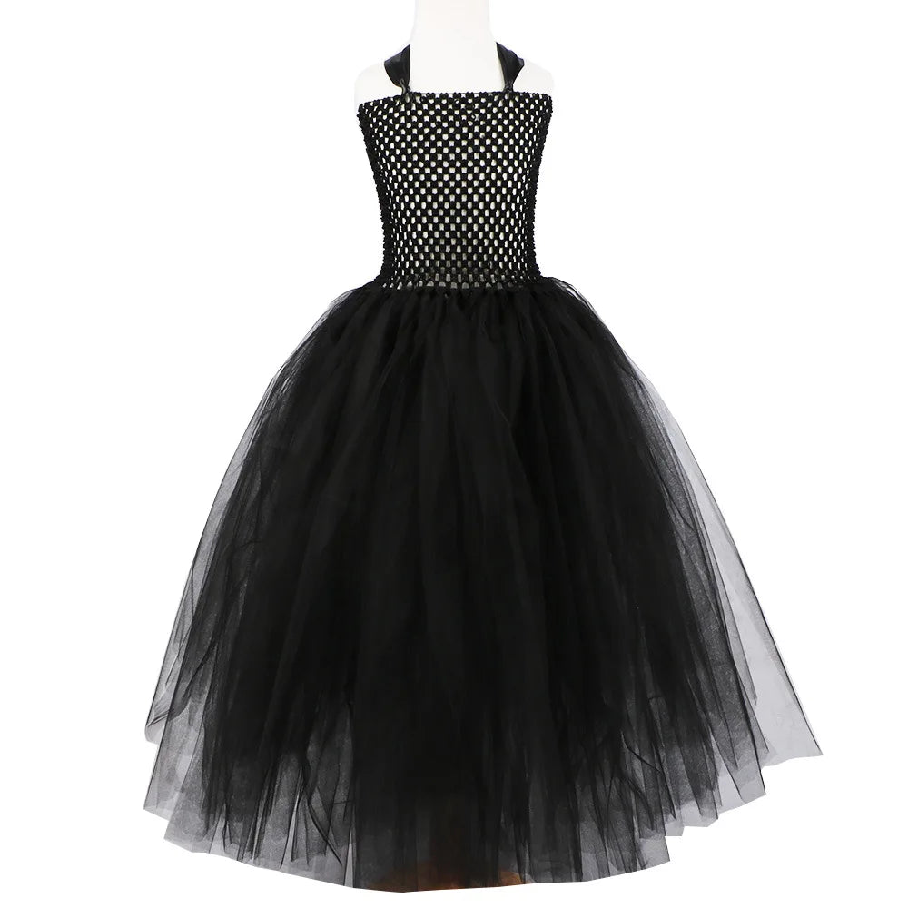 2026 Girls’ Evil Queen Halloween Costume – Black Tulle Mesh Princess Cosplay Dress, Gothic Dress-Up Outfit for Kids’ Halloween Parties