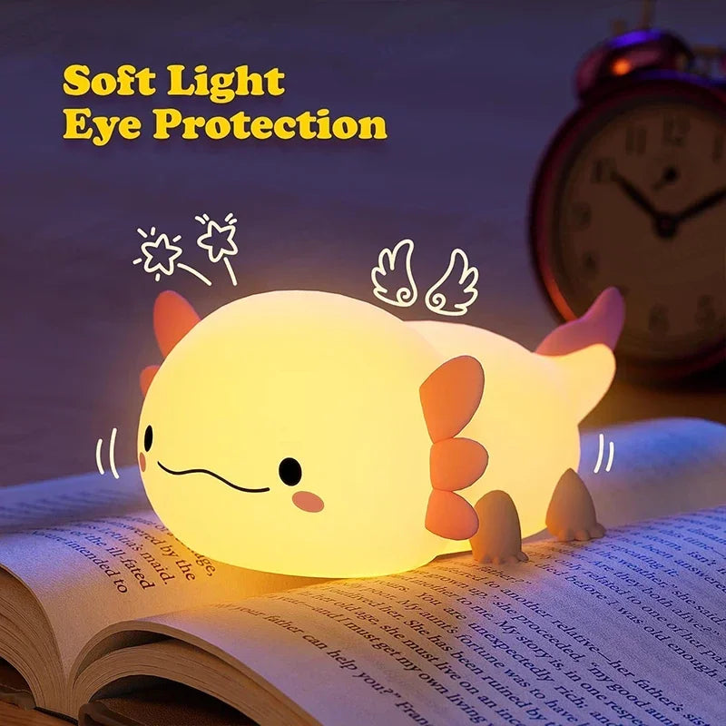 Cute Axolotl Silicone Night Light – Touch-Control USB Rechargeable Nursery Lamp for Baby & Kids, Soft Table Bedside Light