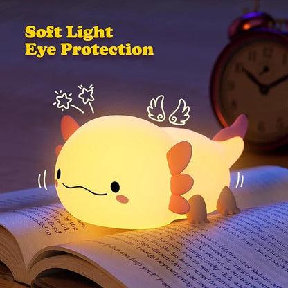 Cute Axolotl Silicone Night Light – Touch-Control USB Rechargeable Nursery Lamp for Baby & Kids, Soft Table Bedside Light