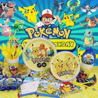 Pokémon Birthday Party Decorations – Lightning Pikachu Balloon Set with Disposable Tableware, Banner, Backdrop & Plates for Kids Events