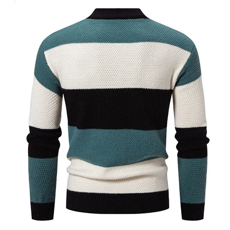 Men’s Patchwork Knitted Sweater – Mock Neck Long Sleeve Pullover for Autumn & Winter, Youthful Casual Fashion Knitwear