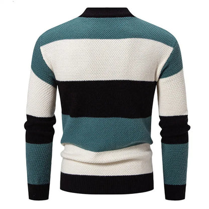 Men’s Patchwork Knitted Sweater – Mock Neck Long Sleeve Pullover for Autumn & Winter, Youthful Casual Fashion Knitwear