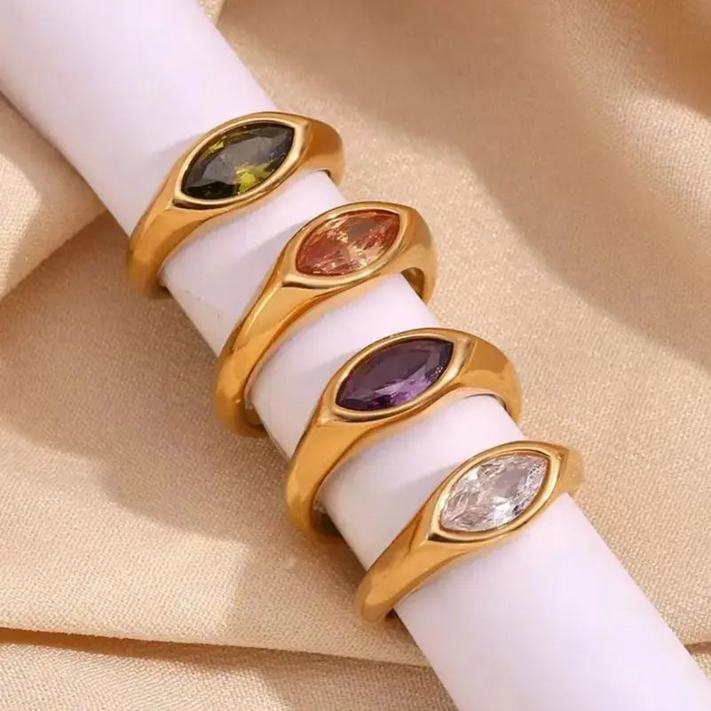 18K Gold Plated Horse Eye Zircon Signet Ring – Hypoallergenic 316L Stainless Steel Colorful Statement Ring for Women