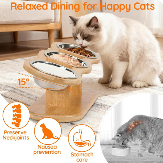 Elevated Cat Bowls with Wooden Stand – Raised Pet Feeder with 3 Stainless Steel Bowls for Cats & Puppies, Food & Water Station