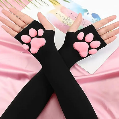 Cute 3D Cat Paw Fingerless Gloves – Soft Silicone Paw Sleeves for Women | Kawaii Sun Protection Fashion Accessory