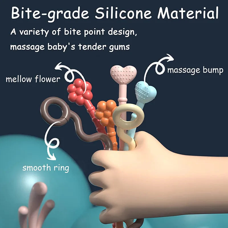 Juguete Sensorial de Silicona Montessori con Cuerda para Bebés – Mordedor Sonajero para Bebés de 6 a 12 Meses
