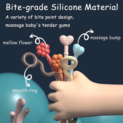 Juguete Sensorial de Silicona Montessori con Cuerda para Bebés – Mordedor Sonajero para Bebés de 6 a 12 Meses