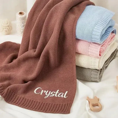 Personalized Baby Knitted Blanket – Custom Name Cotton Newborn Wrap for Winter Warmth & Comfort