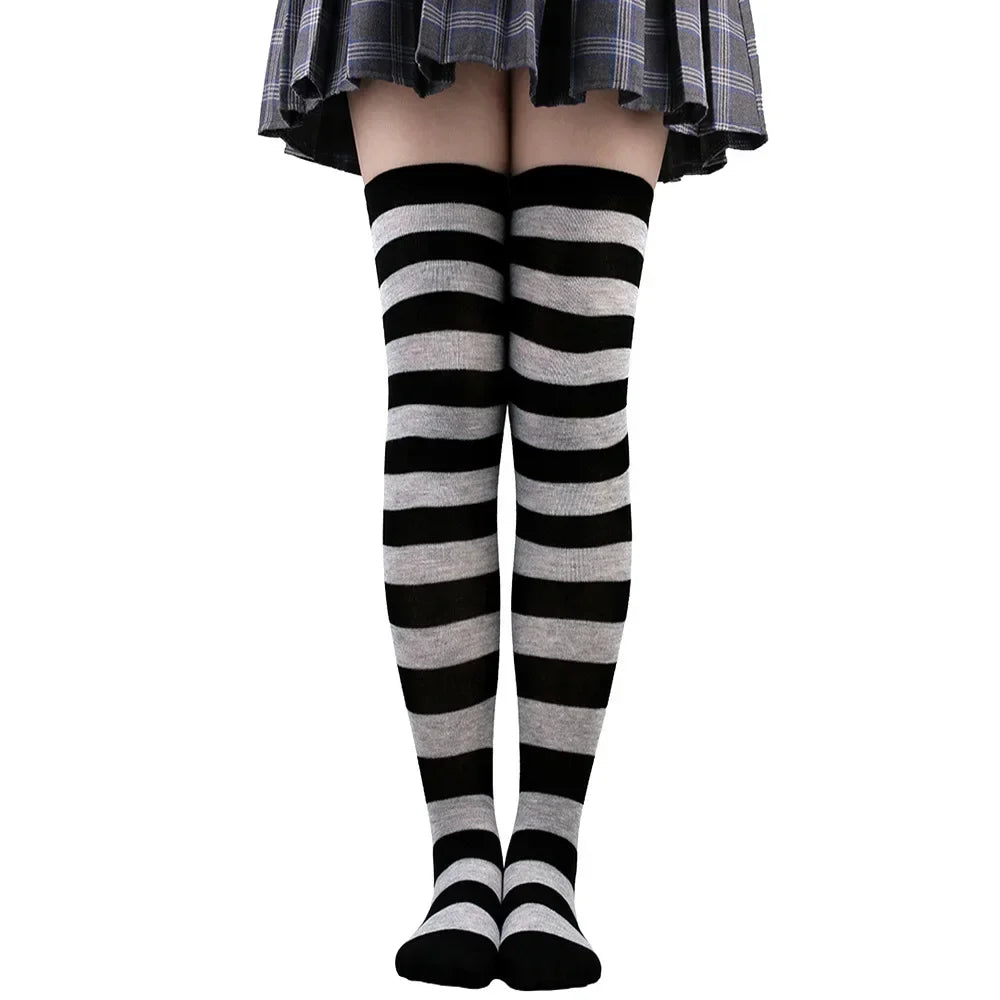 Thigh High Socks Women Over Knee Striped Polka Dot Stockings Black White Pink Lolita Cosplay Harajuku Y2K Kawaii