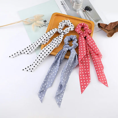 Korean Dots Scrunchie Hair Tie – Long Scarf Ponytail Elastic Hair Band for Women | Sweet Fashion Hair Accessories