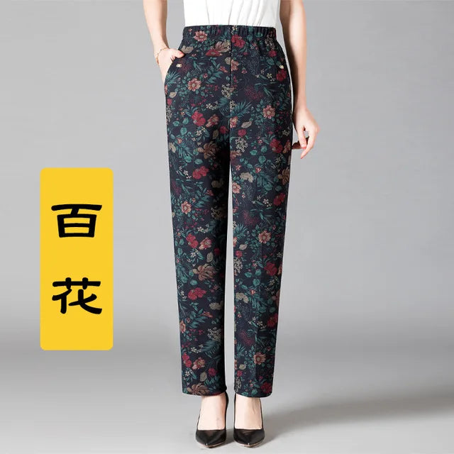 8XL Plus Size Women's Winter Pants – Printed Elastic High-Waist Velvet Trousers, Warm Straight-Leg Casual Oversized Fit
