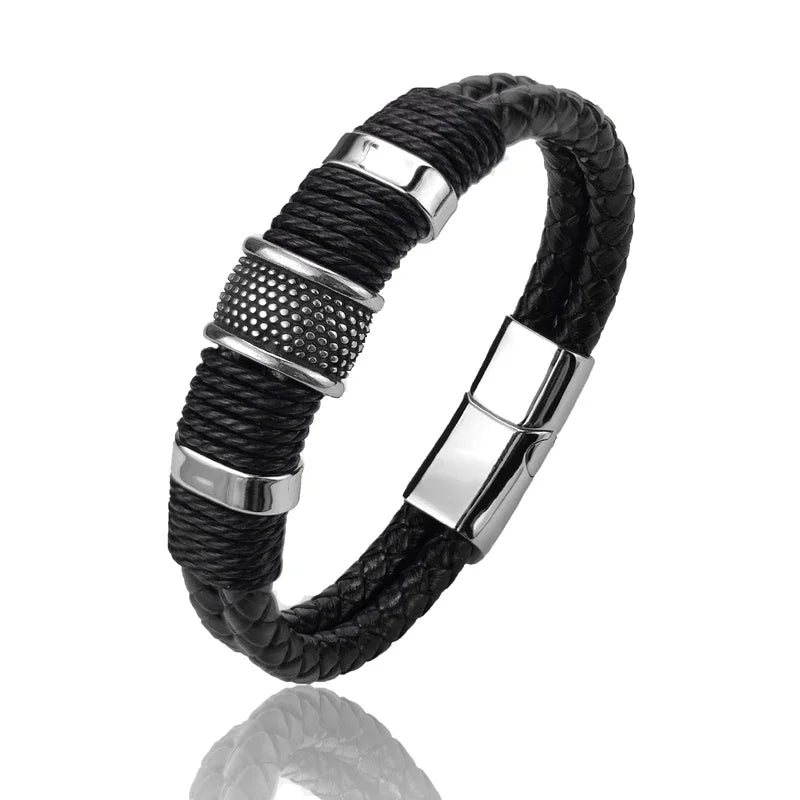 Luxury Vintage Leather Bracelet for Men – Multi-Layer Brown Leather & Stainless Steel Bead Wrist Bangle | Fashion Jewelry Gift