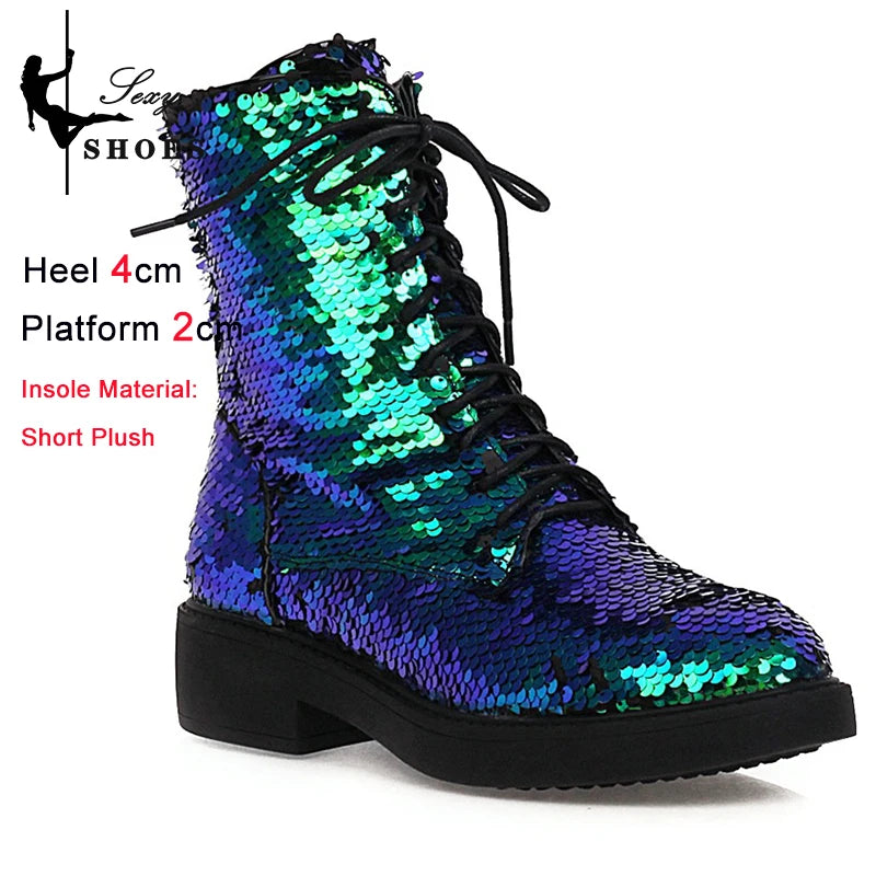 Women’s Plush Ankle Boots – Autumn & Winter Low Heel Round Toe Zipper Short Boots with Sequined Multi-Color Knit Design