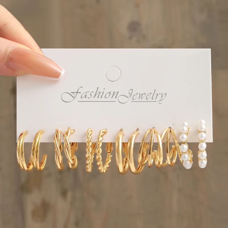 Boucles d'oreilles créoles dorées grand cercle pour femmes, ensemble bohème vintage, perle, cœur, zircon, clous, bijoux cadeau