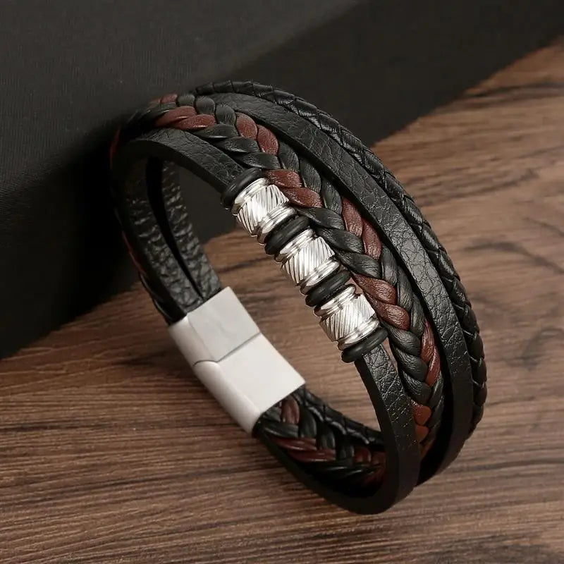 Pulsera de cuero clásica para hombre – Pulsera multicapa tejida a mano para hombre | Accesorio de joyería de moda casual, regalo