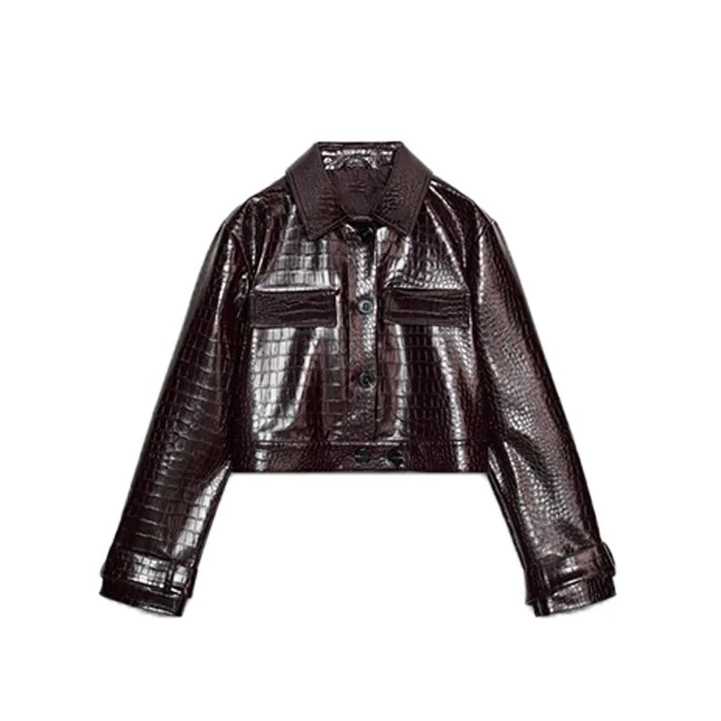 Women’s Y2K Punk Embossed Leather 2-Piece Set 2025 – Cropped Lapel Jacket & Matching High-Waist Pants, Chic Streetwear Outfit