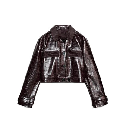 Women’s Y2K Punk Embossed Leather 2-Piece Set 2025 – Cropped Lapel Jacket & Matching High-Waist Pants, Chic Streetwear Outfit